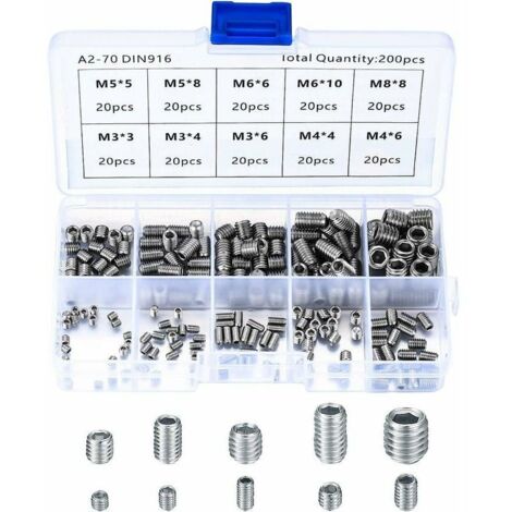 Tornillos prisioneros de acero inoxidable, M3, M4, M5, M6, M8, tornillos metálicos, surtido de tornillos prisioneros (200 unidades) (1/5)
