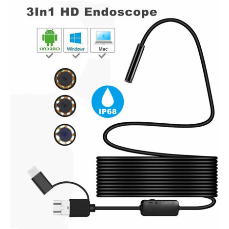 Endoscopio USB 3 en 1 con cable flexible de 5 m, cable semirrígido ultrafino, resistente al agua IP67, cámara de inspección HD tipo serpiente. (1/5)