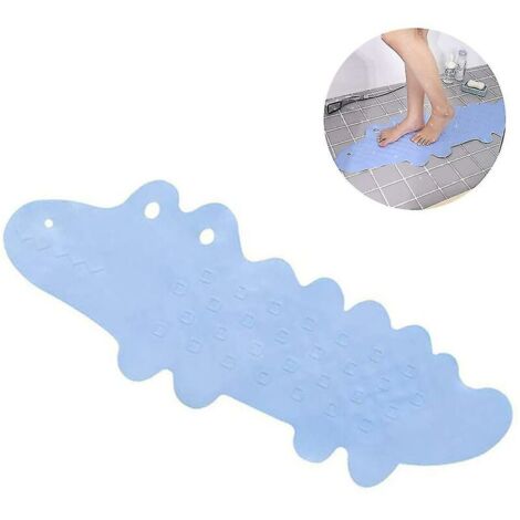 Alfombrilla de baño antideslizante para niños, apta para ducha, lavable a máquina, con estampado de cocodrilo, color azul. (1/5)