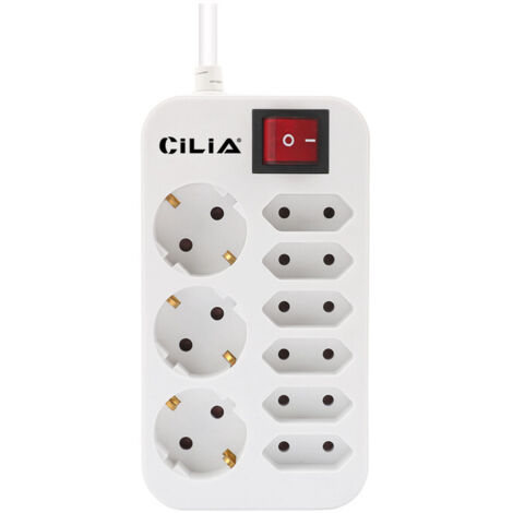 CILIA Multiprise 9 en 1 avec Interrupteur - 3 Prises Schuko et 6 Prises Euro, Bloc Multiprise Compact 1.5m, 3680W Max - Idéal Bureau et Maison - Blanc
