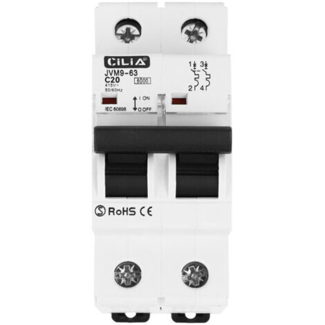 Disjoncteur Magnétothermique CILIA Bipolaire (1P+N)  Courbe C, 6kA, 230V  Disjoncteur Modulaire 2 Modules pour Tableau Électrique et Rail DIN, 20A