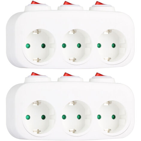CILIA Lot de 2 Multiprise Murale avec 3 Interrupteurs Individuels, Adaptateur Secteur 3 Prises Schuko Commutables Séparément, Triplette Bloc Prise Sans Fil 16A 3500W 230V pour Cuisine et Salon, Blanc