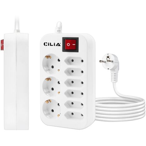 Bloc 9 Prises Gain de Place - Multiprise 3680W / 16A avec 6 Prises Euro pour Chargeurs, Câble 1.5m et Sécurité Enfant - Design Compact Professionnel - CILIA
