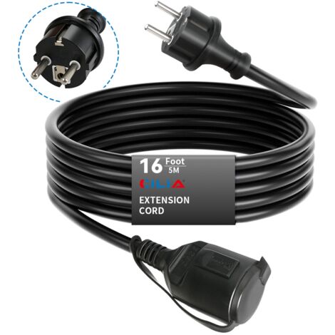 CILIA Rallonge Électrique avec Clapet 5m Câble d'Extension Noir 16A 3680W Fiche Coudée 90° Schuko Idéal Jardin, Tondeuse et Bricolage, Noir