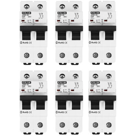 Lot de 6 Disjoncteur Magnétothermique CILIA Bipolaire (1P+N)  Courbe C, 6kA, 230V  Disjoncteur Modulaire 2 Modules pour Tableau Électrique et Rail DIN, 32A