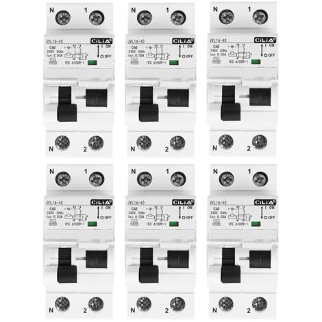 Lot de 6 Disjoncteur Différentiel Magnétothermique CILIA (RCBO) 1P+N  30mA Type AC, Courbe C, 6kA  2 Modules, 230V pour Tableau Électrique, 40A
