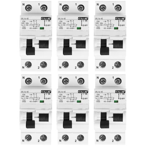 Lot de 6 Disjoncteur Différentiel Magnétothermique CILIA (RCBO) 1P+N  30mA Type AC, Courbe C, 6kA  2 Modules, 230V pour Tableau Électrique, 16A
