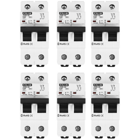 Lot de 6 Disjoncteur Magnétothermique CILIA Bipolaire (1P+N) Courbe C, 6kA, 230V Disjoncteur Modulaire 2 Modules pour Tableau Électrique et Rail DIN, 20A