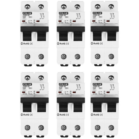 Lot de 6 Disjoncteur Magnétothermique CILIA Bipolaire (1P+N)  Courbe C, 6kA, 230V  Disjoncteur Modulaire 2 Modules pour Tableau Électrique et Rail DIN, 25A