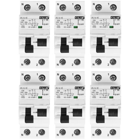 Lot de 6 Disjoncteur Différentiel Magnétothermique CILIA (RCBO) 1P+N 30mA Type AC, Courbe C, 6kA 2 Modules, 230V pour Tableau Électrique, 10A