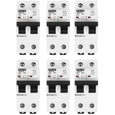 Lot de 6 Disjoncteur Magnétothermique CILIA Bipolaire (1P+N)  Courbe C, 6kA, 230V  Disjoncteur Modulaire 2 Modules pour Tableau Électrique et Rail DIN, 16A