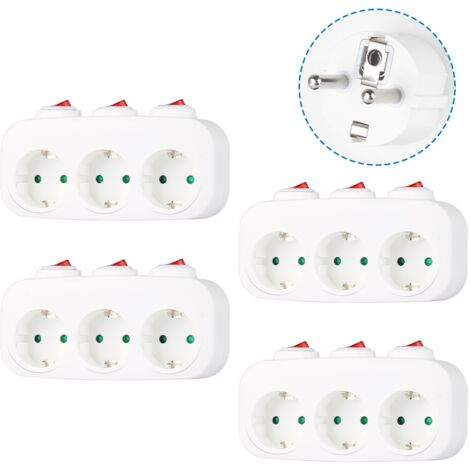 CILIA Lot de 4 Multiprise Murale avec 3 Interrupteurs Individuels  Triplette Sans Fil 3 Prises Schuko  Bloc Prise Multiple 16A 3680W  Adaptateur Commutable Séparément (Blanc)