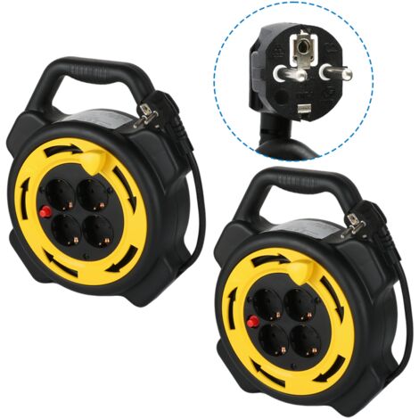 Lot de 2 CILIA Enrouleur Câble Électrique 10m Rallonge Électrique 10m sur Tambour avec 4 Prises Câble H05VV-F 3G1.5, Max 3000W 16A, Protection Thermique Maison et Bricolage (Noir/Jaune) (1/5)