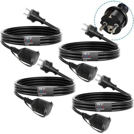Lot de 4 CILIA Rallonge Électrique avec Clapet 3m Câble d'Extension Noir 16A 3680W Fiche Coudée 90° Schuko Idéal Jardin, Tondeuse et Bricolage, Noir