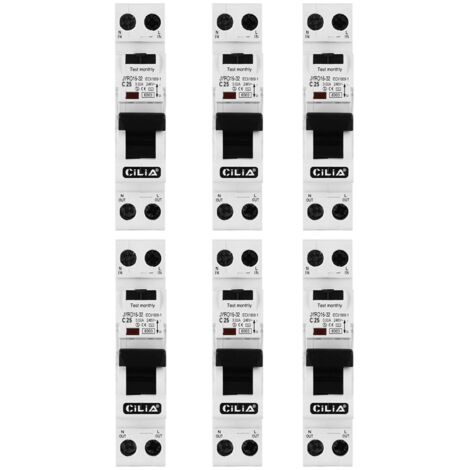 Lot de 6 Disjoncteur Différentiel Ultra-Compact CILIA (RCBO) 1P+N 1 Module (Gain de Place) 30mA Type AC, Courbe C, 6kA Tableau Électrique 25A