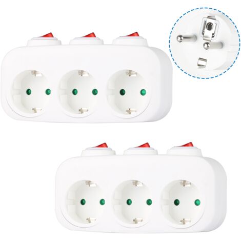 CILIA Lot de 2 Multiprise Murale avec 3 Interrupteurs Individuels  Triplette Sans Fil 3 Prises Schuko  Bloc Prise Multiple 16A 3680W  Adaptateur Commutable Séparément (Blanc)