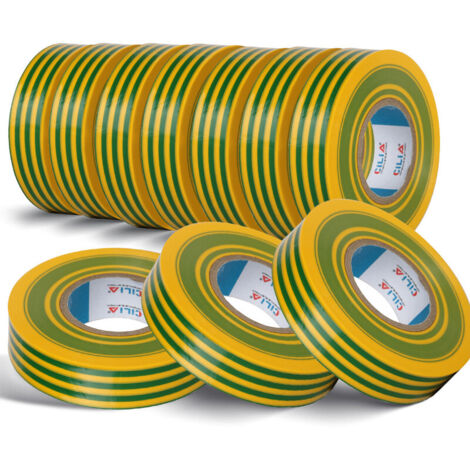 Lot de 10 Chatterton CILIA  Ruban Adhésif Isolant Électrique PVC 19mm x 25m  Scotch Électricien Professionnel Ignifuge 600V  Chatertone Isolant Multicolore Couleur: Jaune Vert Spécial Mise à la Terre