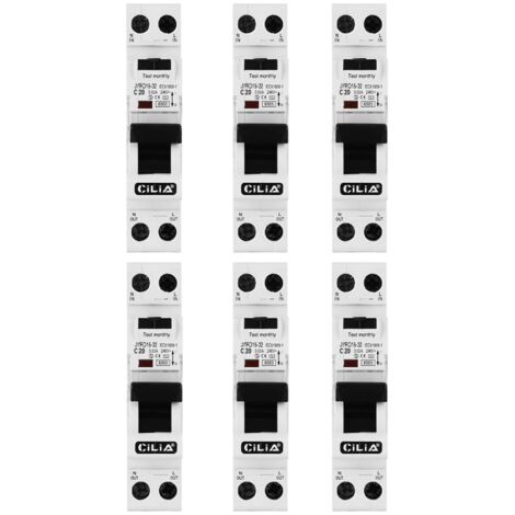 Lot de 6 Disjoncteur Différentiel Ultra-Compact CILIA (RCBO) 1P+N  1 Module (Gain de Place)  30mA Type AC, Courbe C, 6kA  Tableau Électrique 20A