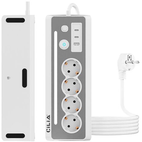 CILIA Multiprise Parafoudre d'Angle 90° pour Plan de Travail - 4 Prises Schuko + 3 USB (dont 2 Type-C), 3680W, Câble 1.5m