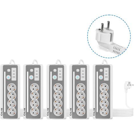 CILIA Lot de 5 Multiprise Parafoudre d'Angle 90° pour Plan de Travail - 4 Prises Schuko + 3 USB (dont 2 Type-C), 3680W, Câble 1.5m
