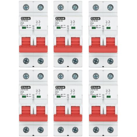 Lot de 6 Interrupteur Sectionneur Bipolaire CILIA (2P) 400V AC Coupure Générale d'Urgence, 2 Modules Interrupteur Principal pour Tableau Électrique Rail DIN 25A