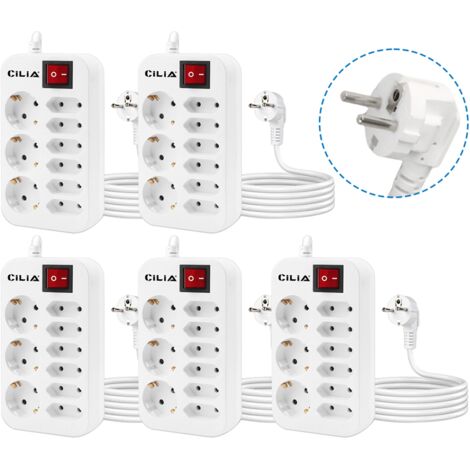 Lot de 5 Bloc 9 Prises Gain de Place - Multiprise 3680W / 16A avec 6 Prises Euro pour Chargeurs, Câble 1.5m et Sécurité Enfant - Design Compact Professionnel - CILIA