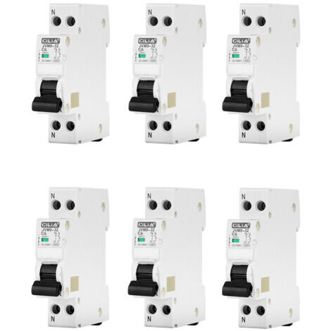 Lot de 6 Disjoncteurs DPN 1P+N 6A Courbe C - Magnéto-Thermique 1 Module DIN 6kA 230V pour Tableau Électrique - CILIA (JVM9-32-1P-6A)