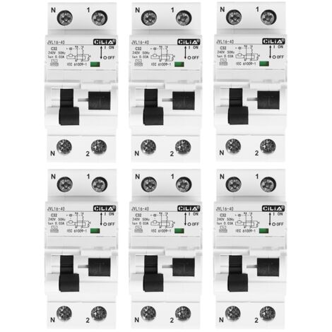 Lot de 6 Disjoncteur Différentiel Magnétothermique CILIA (RCBO) 1P+N  30mA Type AC, Courbe C, 6kA  2 Modules, 230V pour Tableau Électrique, 32A