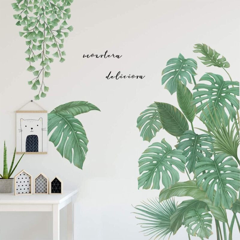 Sticker Mural Bricolage Muraux Tropicaux Plante Feuille Palmier Autocollants Mur Etanche Amovible Pour Portes Chambre Mur Fenêtres Décoration Salon (Vert