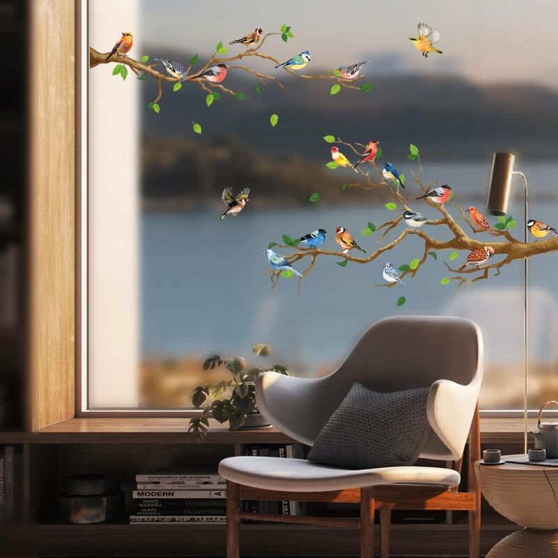Stickers Fenêtre Automne - Motif Oiseaux Sur Branche 73x40 Cm, Adhésif Réutilisable Sans Colle, Décor Salon Ou Chambre - 10