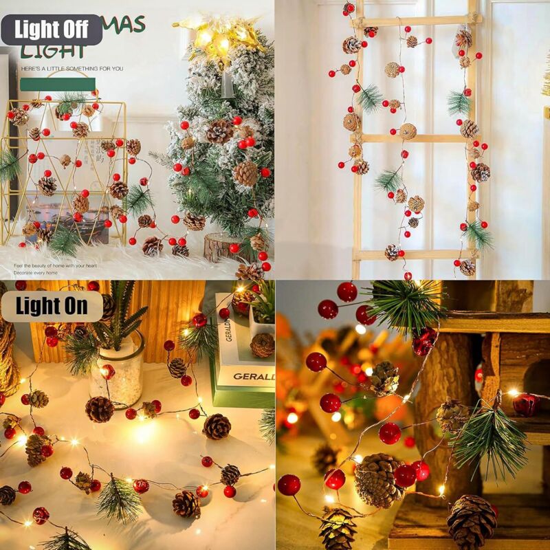 Lumineuse De Noël Avec Cône De Pin Rouge Berry Bell, Guirlande Avec Lumières 6.5Ft 20LED Blanc