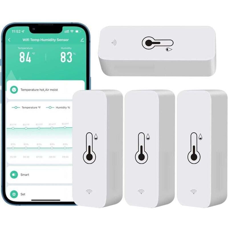 Lot De 4 Thermomètres-hygromètres WiFi Tuya - Mesure Température/humidité, Notification Via Appli