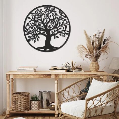 49x49cm Art Mural Arbre de Vie Noir Métal, Art de l'Arbre de