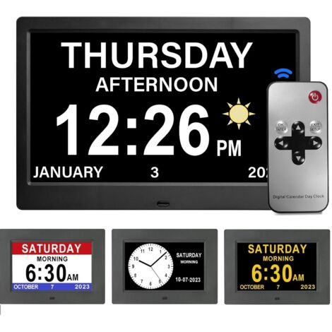 7 Pouce LCD Horloge numérique calendrier avec date jour et heure horloge non-abrégée auto dimming 8 langues HD display rappel pour Alzheimer les personnes âgées et les enfants(Noir)