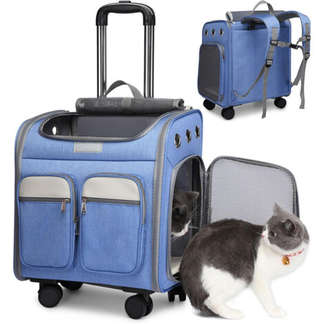 Rnemitery – Sac de transport pour chat à roulettes – Poignée télescopique – Tapis amovible lavable – 3 poches de rangement – Ventilation optimale