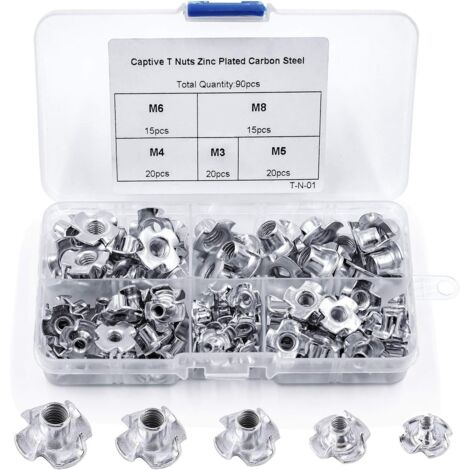 90 Stück T-Nut, Vierkantmuttern aus Kohlenstoffstahl, M3/M4/M5/M6/M8, für Holzbearbeitung und Möbelbau, T-Nut-Einsätze aus Kohlenstoffstahl.