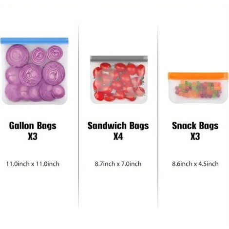 Bolsas para congelador con cierre hermético - Paquete de 10 - 3 tamaños - Bolsas con cremallera - Para verduras, frutas, refrigerios, carne, cereales, desayuno (1/5)