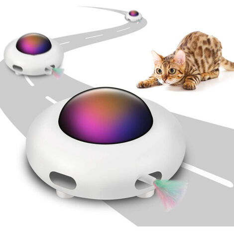 Interaktives Katzenspielzeug für Wohnungskatzen mit rotierender Feder, interaktives elektronisches UFO-Katzenspielzeug (intelligenter Modus, geräuscharm, automatische Abschaltung, zufällige Federbeweg