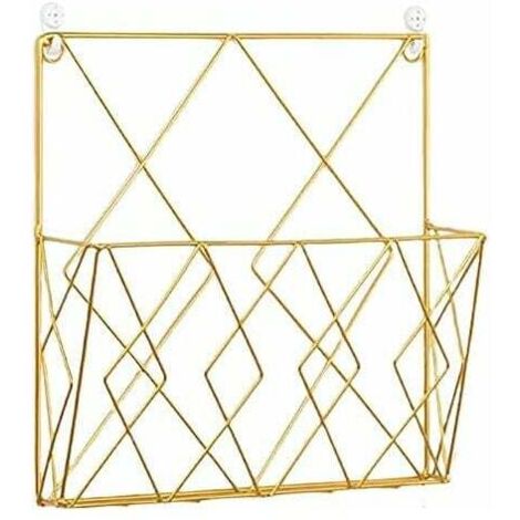 Hängender Zeitschriftenständer, Zeitschriftenhalter aus Metall, Zeitungskorb, Wandmagazinständer mit 2 Haken für Zeitschriften, Bücher und Bürodokumente (Gold) (1/5)