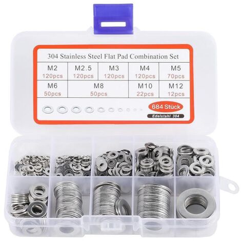 BASVII 684 Pièces Inox Rondelles Plates Metal, pour Gonds de Porte, 9 Tailles Rondelles Acier Inoxydabl 304 - M2 M2.5 M3 M4 M5 M6 M8 M10 M12 Rondelle Carrossier Inox