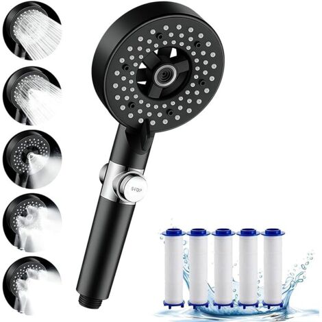 FOREHILL Pommeau de Douche Haute Pression, Douchette Douche Salle de Bain 4 Modes Réglable, Anti Calcaire Douchette Massant avec Stop Eau, Pommeau de Douche Économie d&39Eau, Pomme de Douche (Black-5) (1/5)