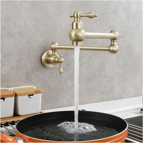 Robinet de Cuisine en Laiton Pliable Pivotant Pot de Remplissage Robinet d'Eau Froide Cuisine Mitigeur Robinet d'évier Mural avec Bras Pivotant Double Joint Monotrou, Or Brossé (1/5)