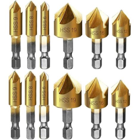 Fraise à chanfreiner metal 12 Pcs queue hexagonale poinon de centrage automatique forets à chanfreiner, 6mm 8mm 9mm 12mm 16mm 19mm