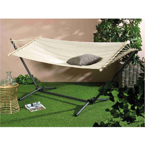 Hamac sur pied 100x200cm – Coton blanc – 1 place – Charge maximale 120kg – Barres en bois de bouleau