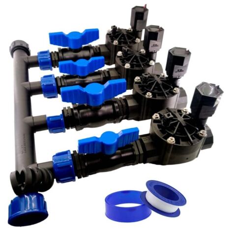 Kit colector de riego + Electroválvula Rain Bird HV 1" 9V + Válvulas de mantenimiento + Rollo de teflón. 4 Zonas