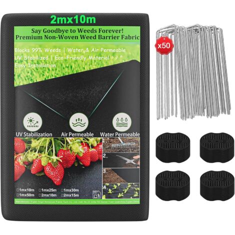 Dripex Toile de Paillage 2m x 10m avec 50 Piquets, Géotextile Non Tissé 100 g/m², Anti-Mauvaises Herbes Tissu, Perméable à l'eau, Résiste Rayons UV, Résistant, Noir