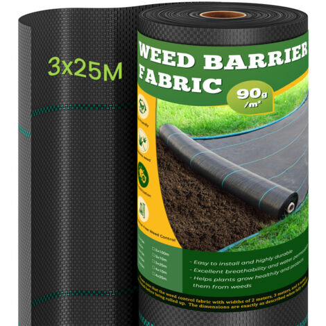 Dripex Toiles de Paillage 3m x 25m, Toile Anti Mauvaises Herbes Jardin 90g/㎡, Geotextile, Bache Noire Agricole, Barriere Anti Racine, Contre Les Mauvaises Herbes, Tissu Perméable à l'eau