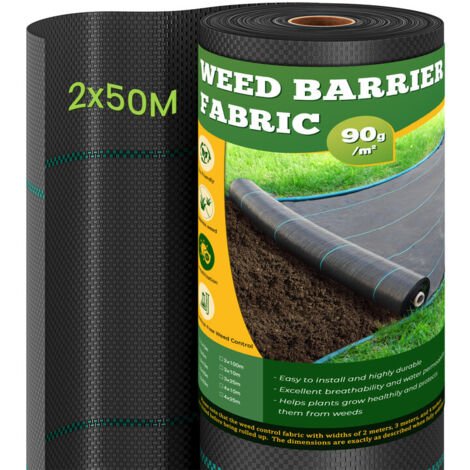 Dripex Toiles de Paillage 2m x 50m, Toile Anti Mauvaises Herbes Jardin 90g/㎡, Geotextile, Bache Noire Agricole, Barriere Anti Racine, Contre Les Mauvaises Herbes, Tissu Perméable à l'eau