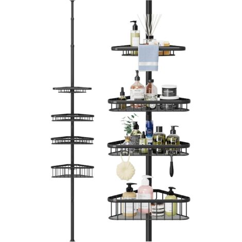 Dripex Étagère de douche télescopique sans perçage avec 4 paniers de douche, étagère d'angle réglable en hauteur de 98 cm à 287 cm, noire