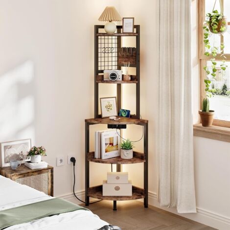 Dripex Étagère d'angle à 5 niveaux avec prises électriques – Bibliothèque, meuble sur pied avec éclairage LED, porte-plantes, – Brun vintage + Noir, 40 x 40 x 152 cm